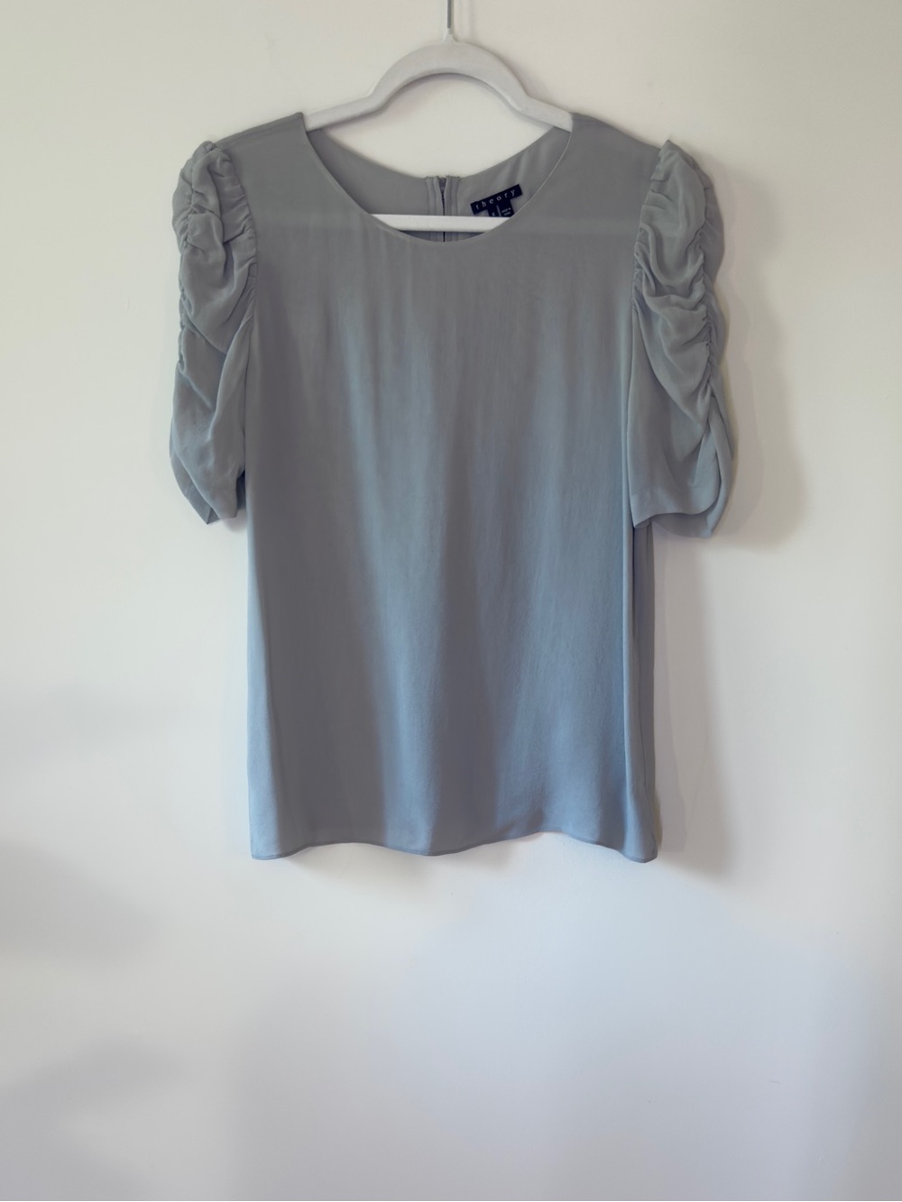 Theory 100% Silk Ruched Sleeve Blouse Blue Gray S